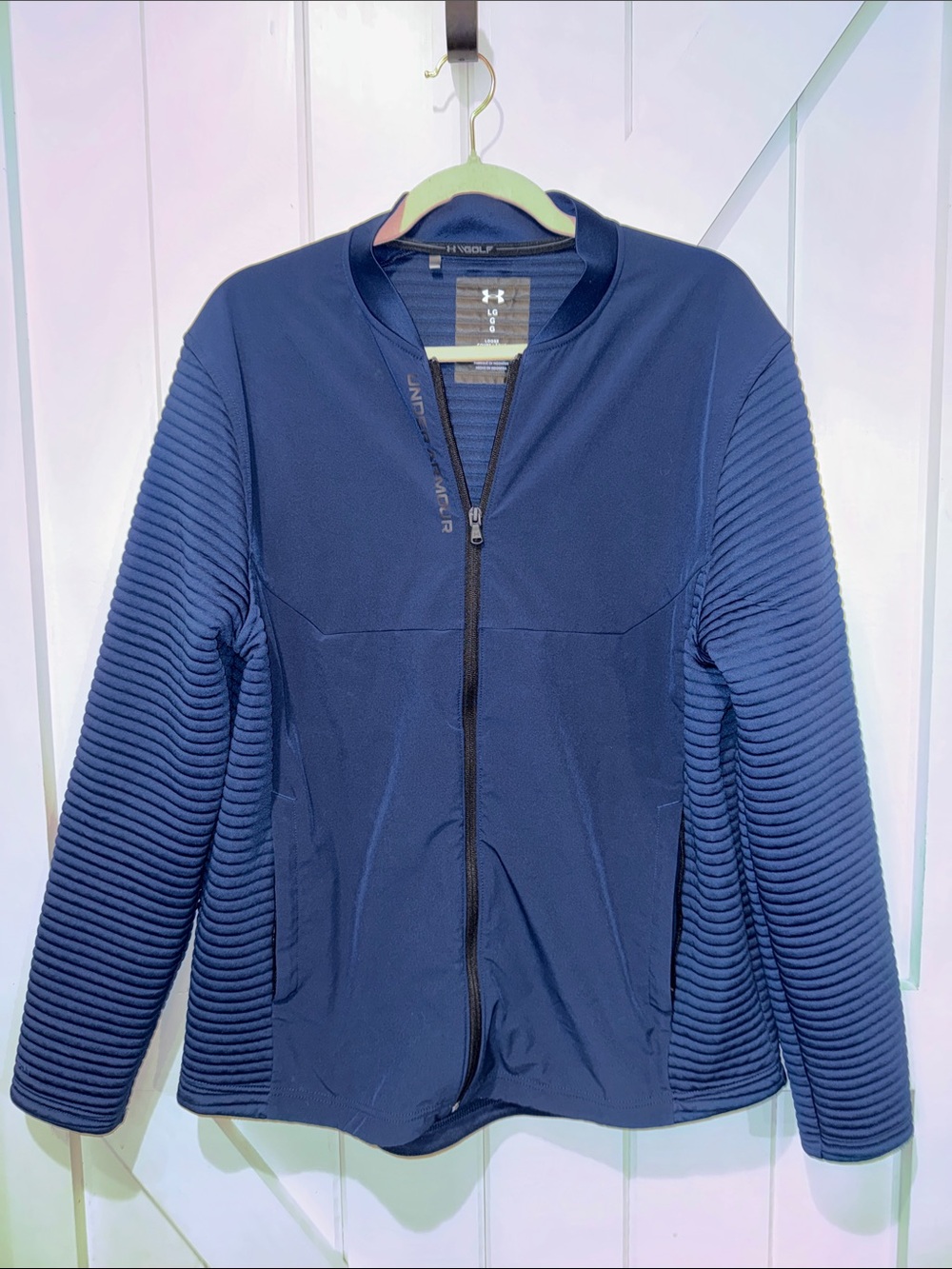 Under Armour Women’s Large Blue Zip Jacket Ribbed Sleeve Athletic Golf